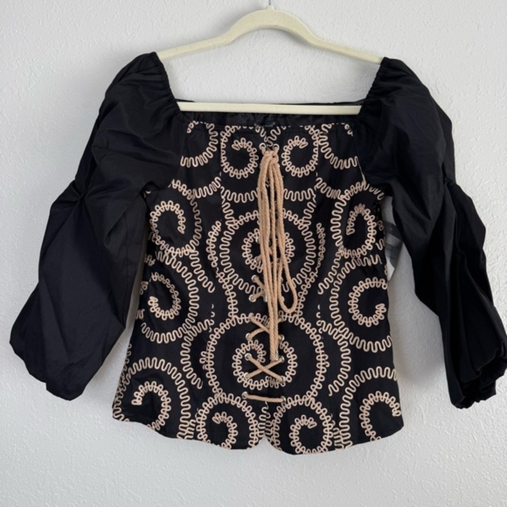 NWT Samuel Dong lace up embossed puff sleeve corset top S